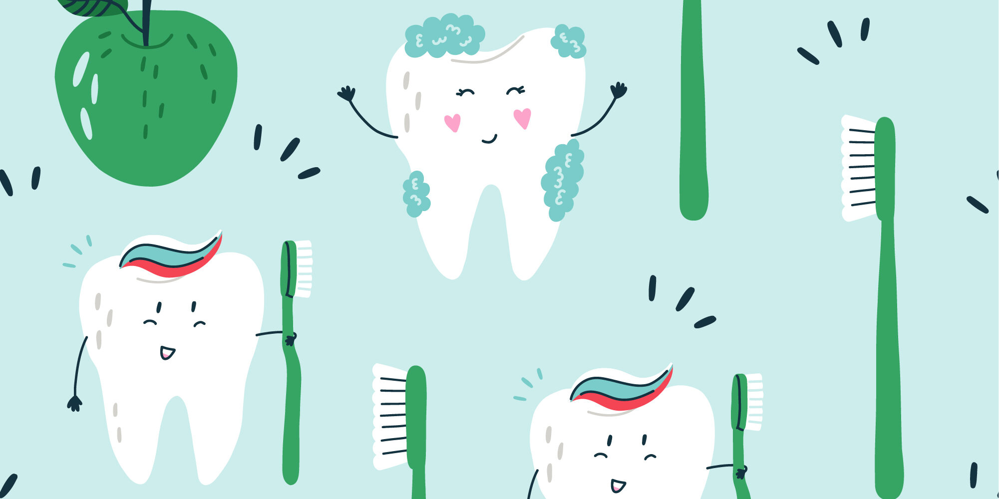 Cute cartoon drawings of smiling teeth and toothbrushes, representing pediatric dental care.